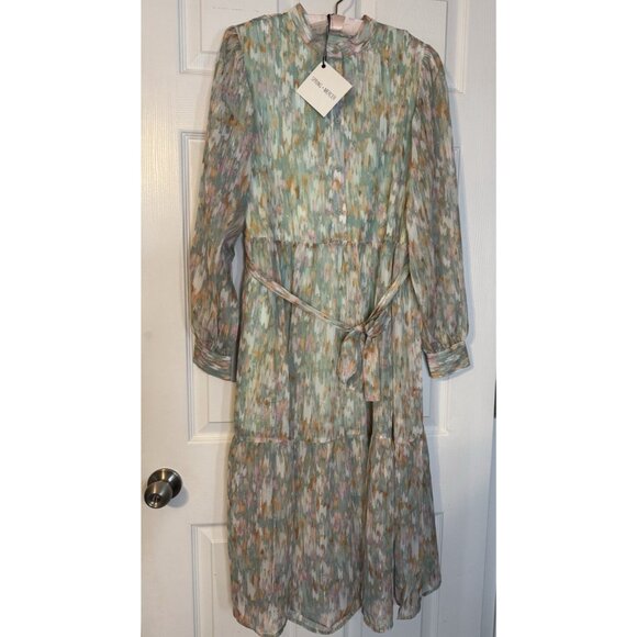 Spring & Mercer L Watercolor Chiffon Midi Prairie Dress Small Long Sleeve NEW - Picture 15 of 16